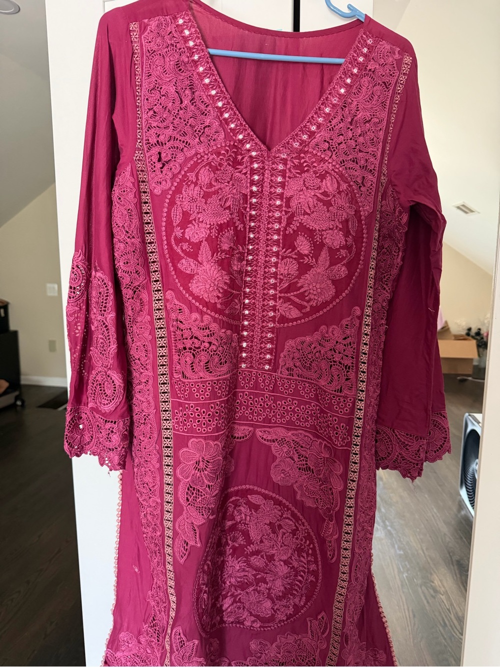 Embroidered V-Neck Women's suit in Deep Magenta (3 piece) Shirt/Pants/Dupatta